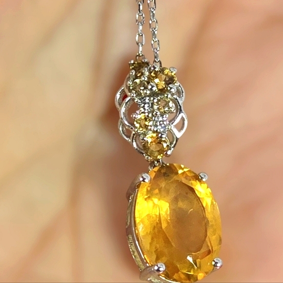 Sunny Jewels Jewelry - 925 Sterling Silver Necklace 17" with Natural Citrine & Cz